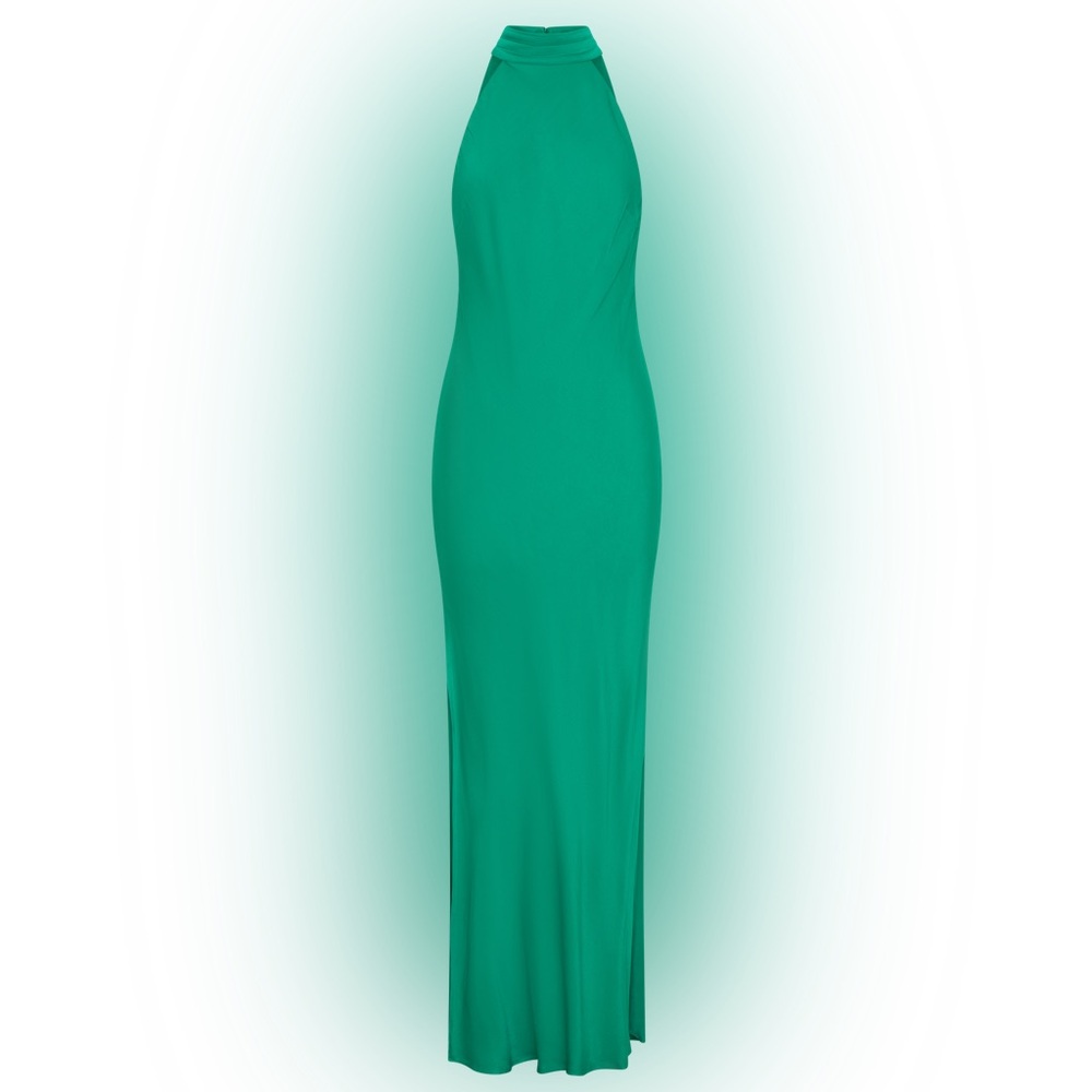 Meshki Claire Green Satin Drape Back Maxi Dress with Split - Picture 10 of 11